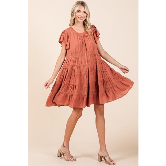 Mittoshop Lace Detail Ruffled Sleeves Button Down Tiered Mini Dress | Pumpkin - Picture 6 of 7